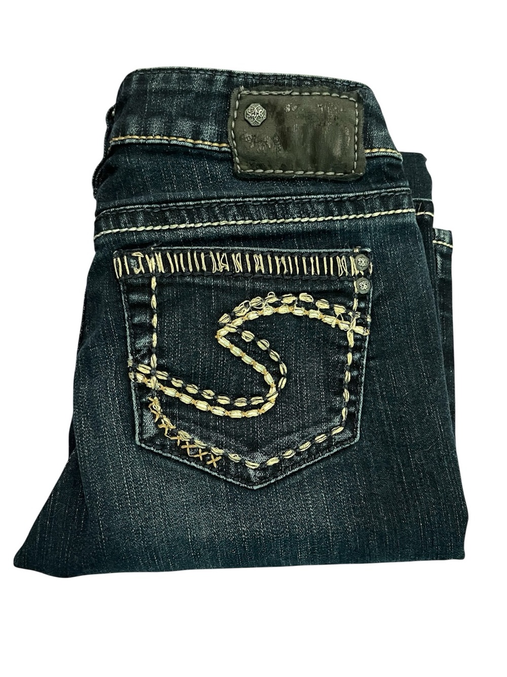 Silver Jeans Womens Y2K Aiko Bootcut Dark Distressed Bold White Stitch, 26X31